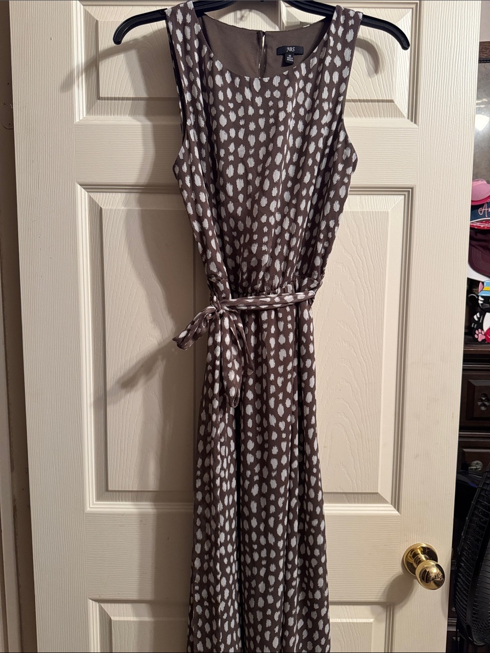 Taupe and Ivory Sleeveless Printed Maxi Dress with Tie Waist